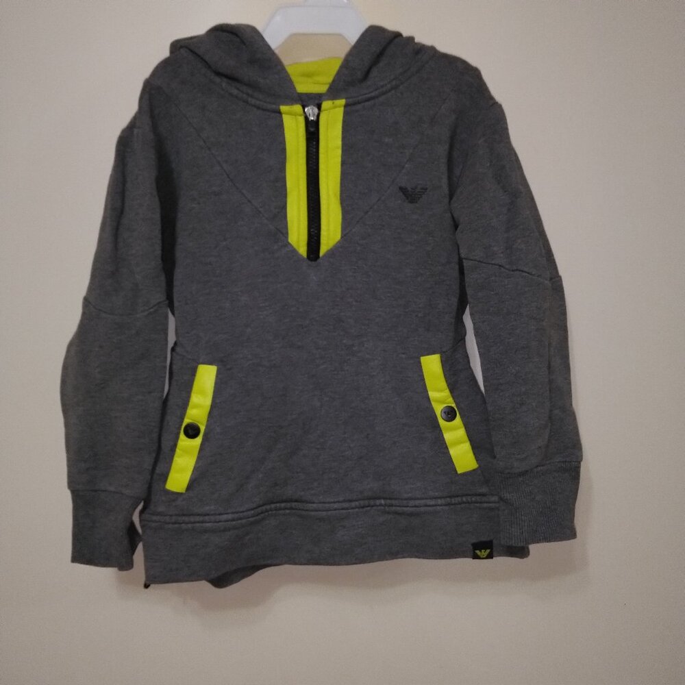 Armani Junior gray zip pullover with lime green hood and side zippers